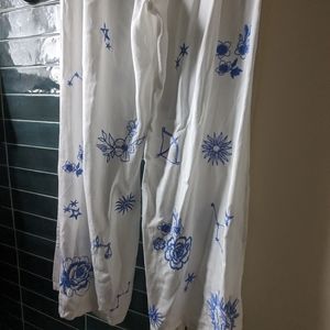 Johnny Was Floral and Zodiac Embroidered Pants, White with Blue Embroidery